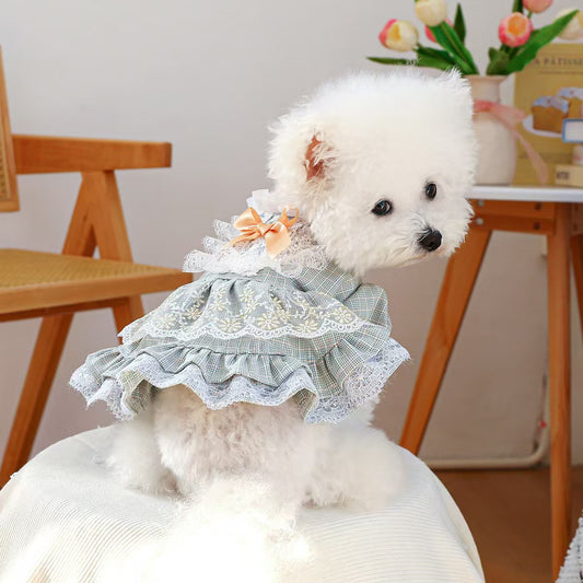 Gingham Lace Pet Dress for Small Dogs & Cats – Vintage Floral Puppy Outfit