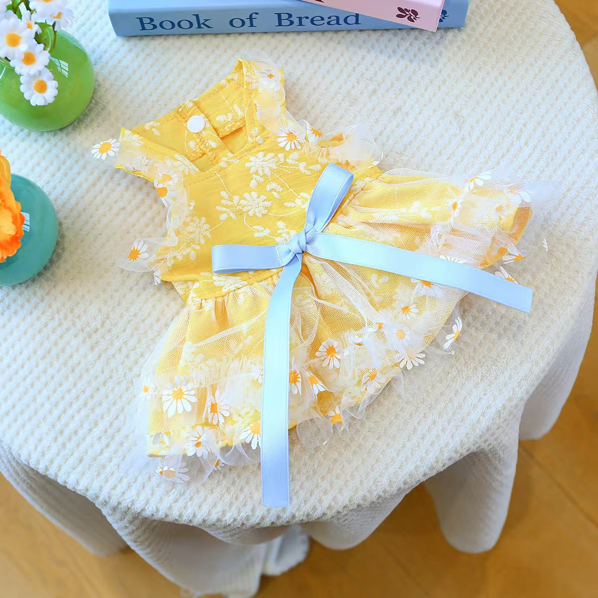 Daisy Print Pet Sundress for Small Dogs & Cats – Yellow Lace Tutu Puppy Dress