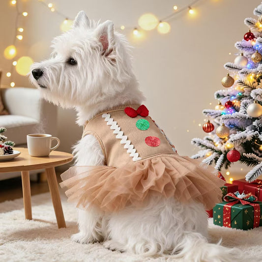 Corduroy Gingerbread Tutu Pet Dress with Bow – Xmas Holiday Outfit for Puppy, Bichon, Shih Tzu, Kitten