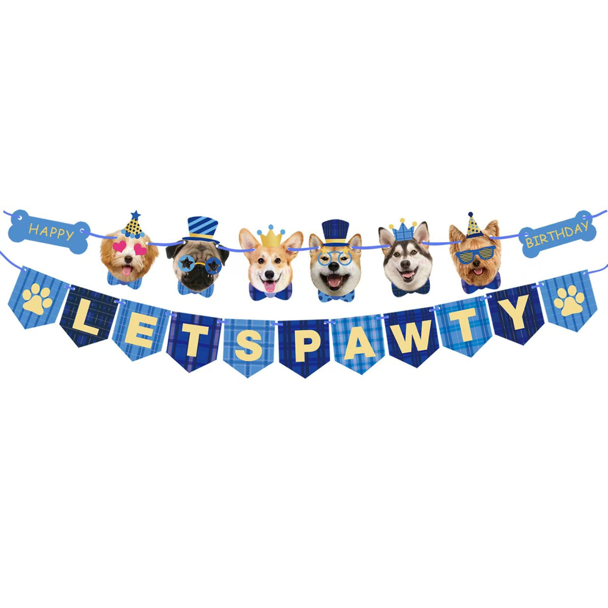 Pet Dog Birthday Party Supplies, Blue Glitter Birthday Cone Hat, Plaid Bandana Triangle Scarf, Bow Tie & Number(Red / Blue Optional)