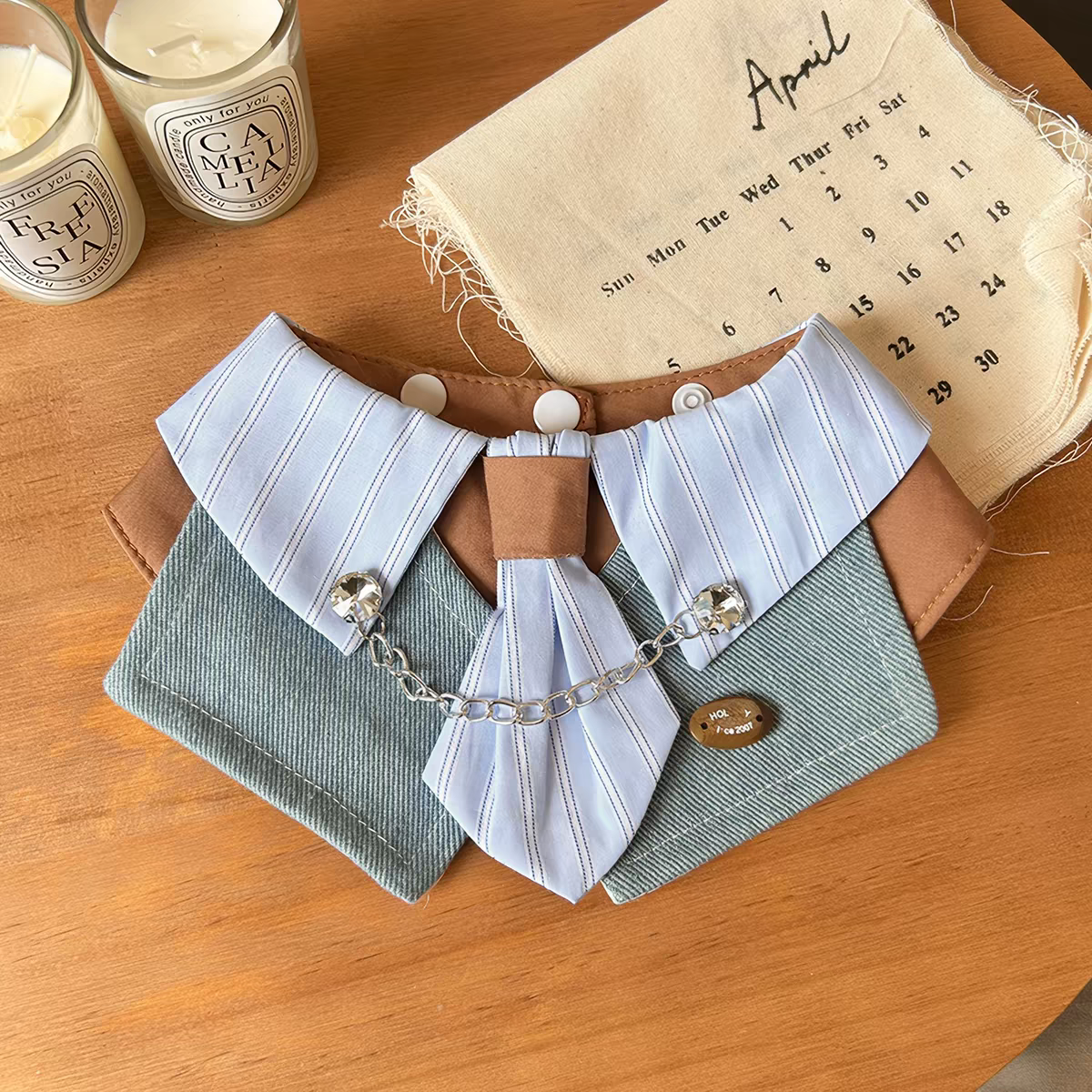 Gentleman Pet Bandana Bib with Bow Tie – Striped Shirt Collar & Denim Drool Bib for Small to Medium Dogs and Cats (XS–XL), Adjustable Neck Wrap, Plush Toy Dress-Up Accessory
