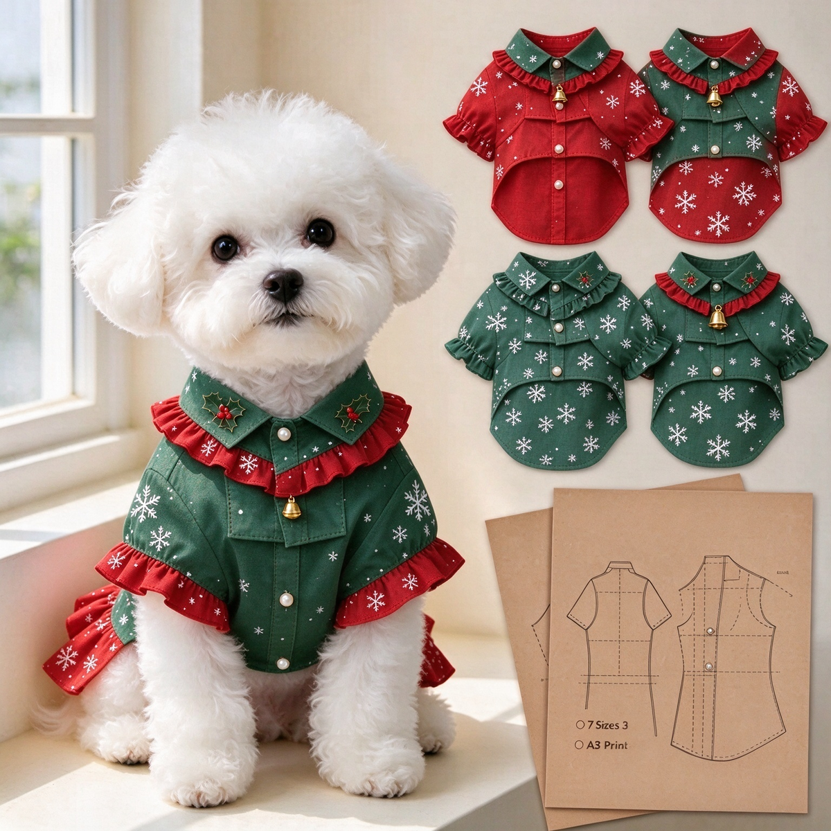 Pet Ruffle Collar Shirt PDF Sewing Pattern, 7 Sizes S–4XL, Inch & Pound Size Chart, A3 Printable, Step-by-Step Sewing Tutorial, Dog Cat Clothes Sewing Pattern