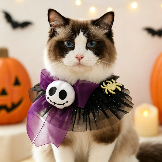 Halloween Ghost Skull Pet Collar – Spooky Tulle Neckwear for Dogs & Cats