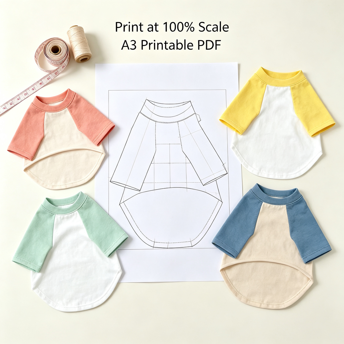 Pet Raglan T-Shirt Sewing Pattern with Video Tutorial | A3 Printable PDF | 7 Sizes S-4XL | Dog Cat Short Sleeve Casual Top