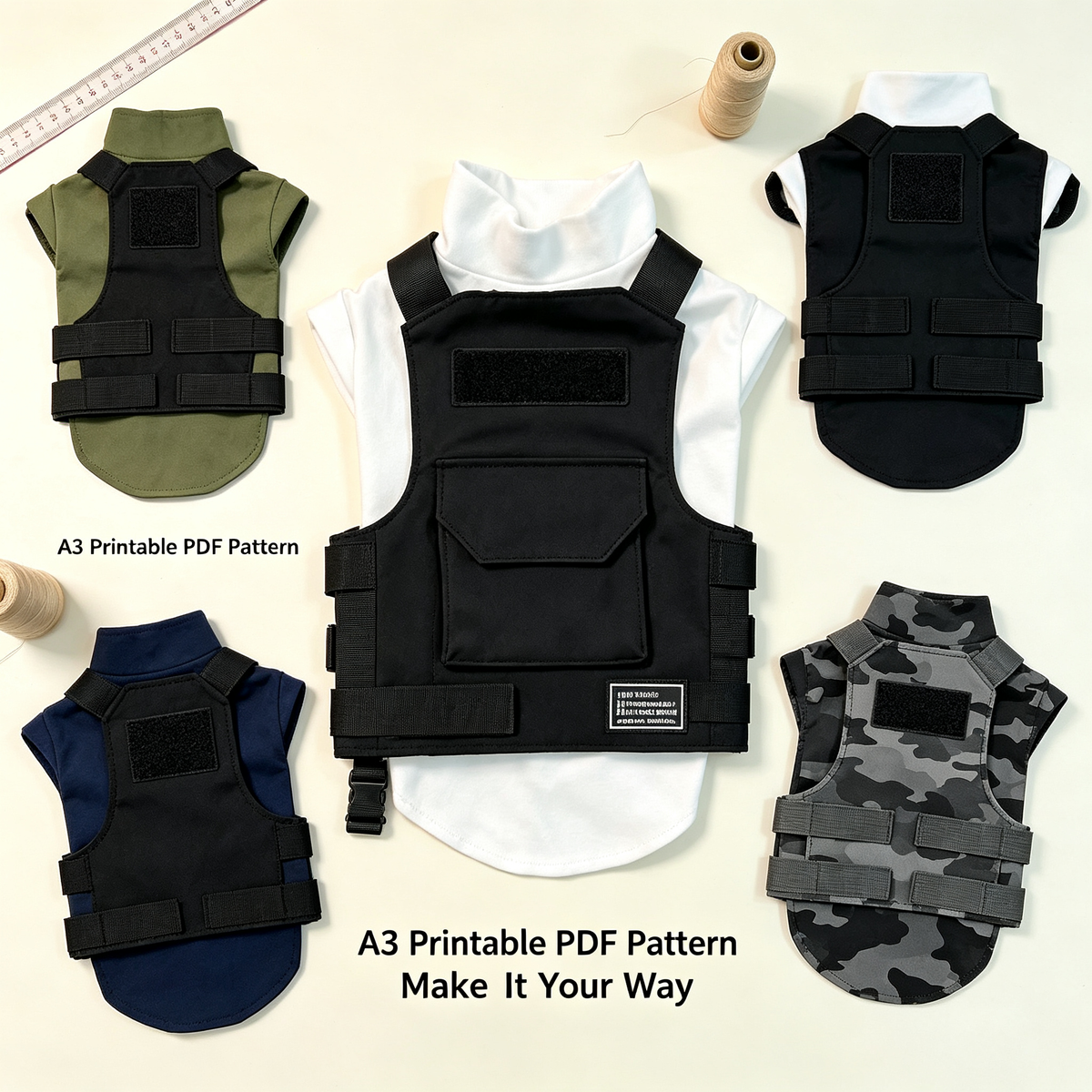 Pet Tactical Vest Harness Sewing Pattern with Video Tutorial | A3 Printable PDF | 7 Sizes S-4XL | Military Style Dog Cat Utility Vest
