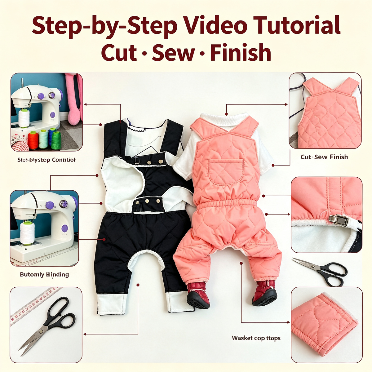 Pet Quilted Padded Overalls Sewing Pattern with Video Tutorial | A3 Printable PDF | 7 Sizes S-4XL | Dog Cat Winter Sling Jumpsuit