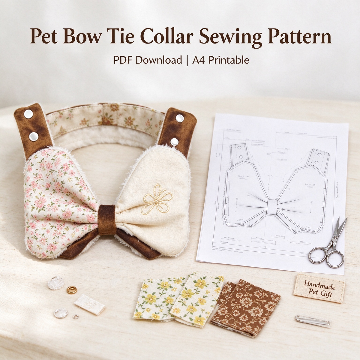 Bone Bow Tie Pet Bib Sewing Pattern PDF | A4 Printable | 10 Sizes XXS-5XL | Step-by-Step Sewing Tutorial
