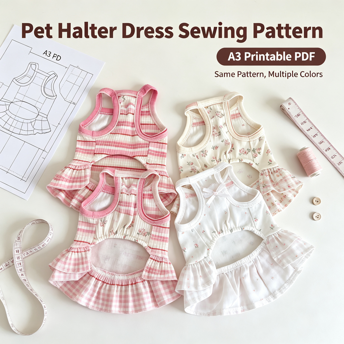 Pet Halter Dress Sewing Pattern with Step-by-Step Tutorial | A3 Printable PDF | Sizes S-4XL | Dog Cat Summer Ruffle Dress | Instant Download