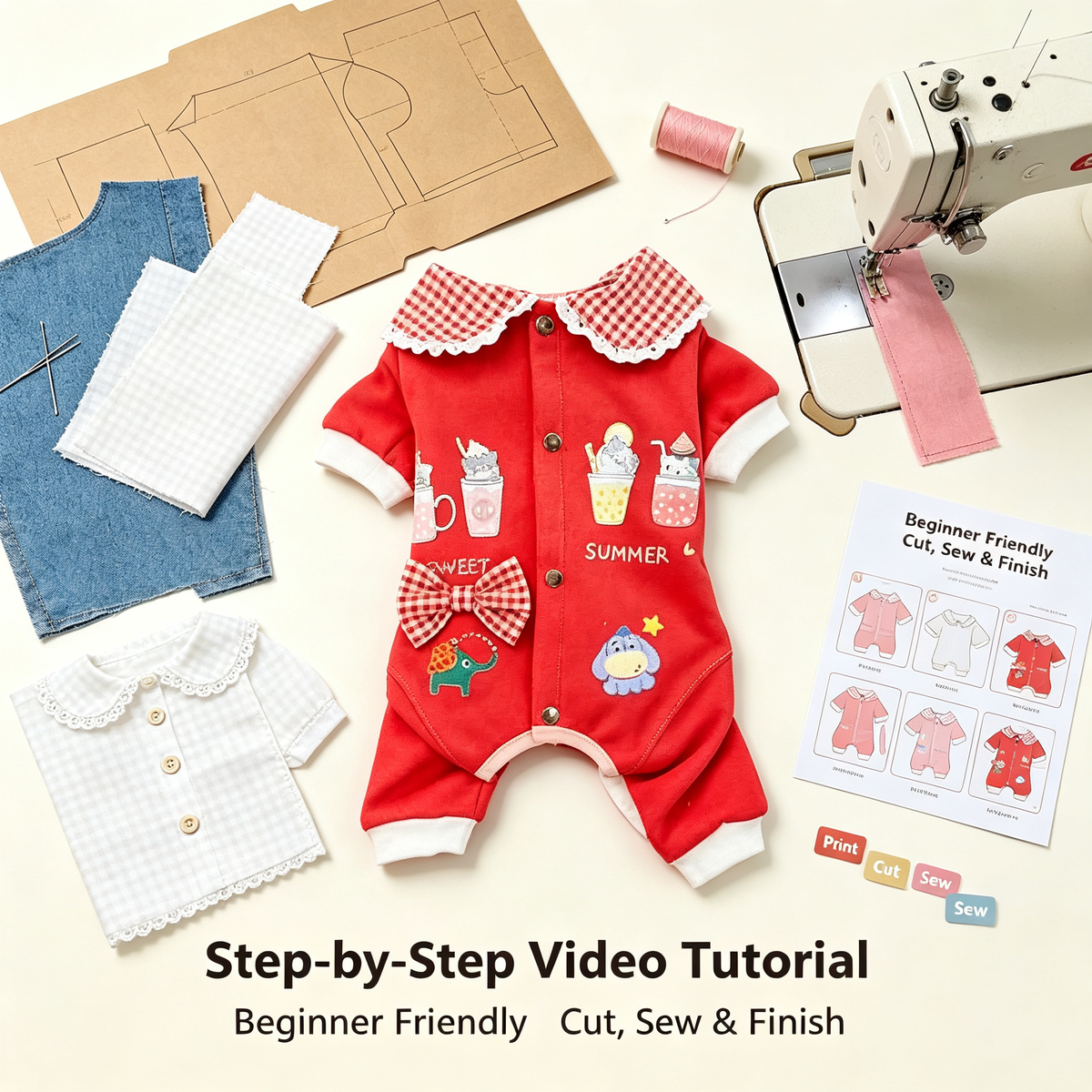 Pet Four-Leg Full Belly Jumpsuit Sewing Pattern with Video Tutorial | A3 Printable | 7 Sizes (S-4XL) | Dog Cat Onesies Digital PDF