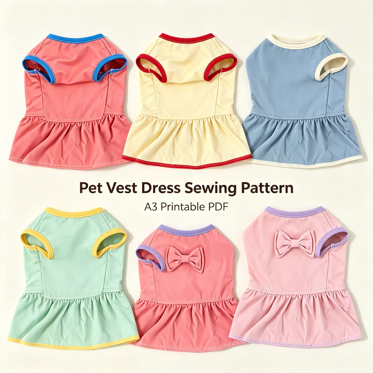 Pet Bow Vest Dress Sewing Pattern with Video Tutorial | A3 Printable PDF | 7 Sizes S-4XL | Girl Dog Cat Sleeveless Ruffle Dress