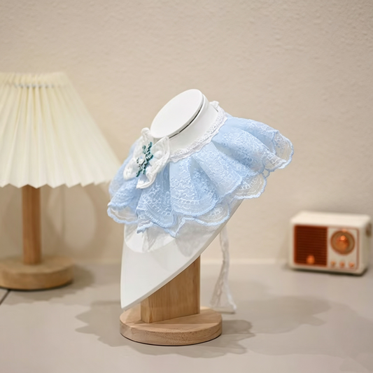 Handmade Blue Ruffled Lace Pet Bandana, Elegant Princess Flower Snowflake Pet Neck Collar for Kitten, Puppy, Small Breed Dogs