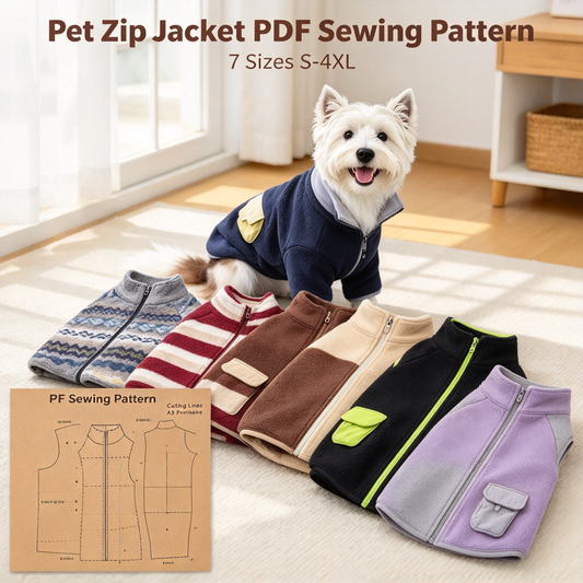 Pet Zip Jacket & Matching Bib PDF Sewing Pattern for Dogs & Cats | 7 Sizes S-4XL, Inch & Pound Size Chart, A3 Printable, Step-by-Step Sewing Tutorial, Fleece Pet Coat Template
