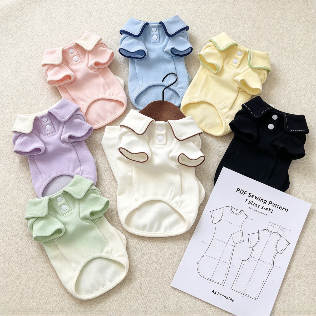 Pet Peter Pan Collar T-Shirt PDF Sewing Pattern | 7 Sizes S–XXXXL, Inch & Pound Size Chart, A3 Printable, Step-by-Step Sewing Tutorial for Dogs & Cats