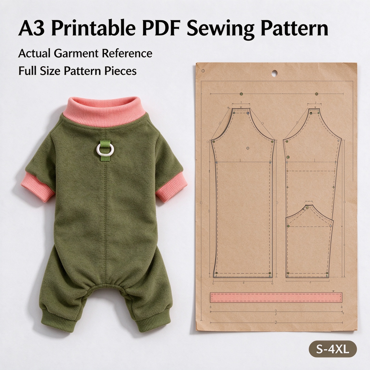 Dog Jumpsuit Bib Combo PDF Sewing Pattern | S-4XL Inch Sizes, A3 Printable with Step-by-Step Sewing Tutorial