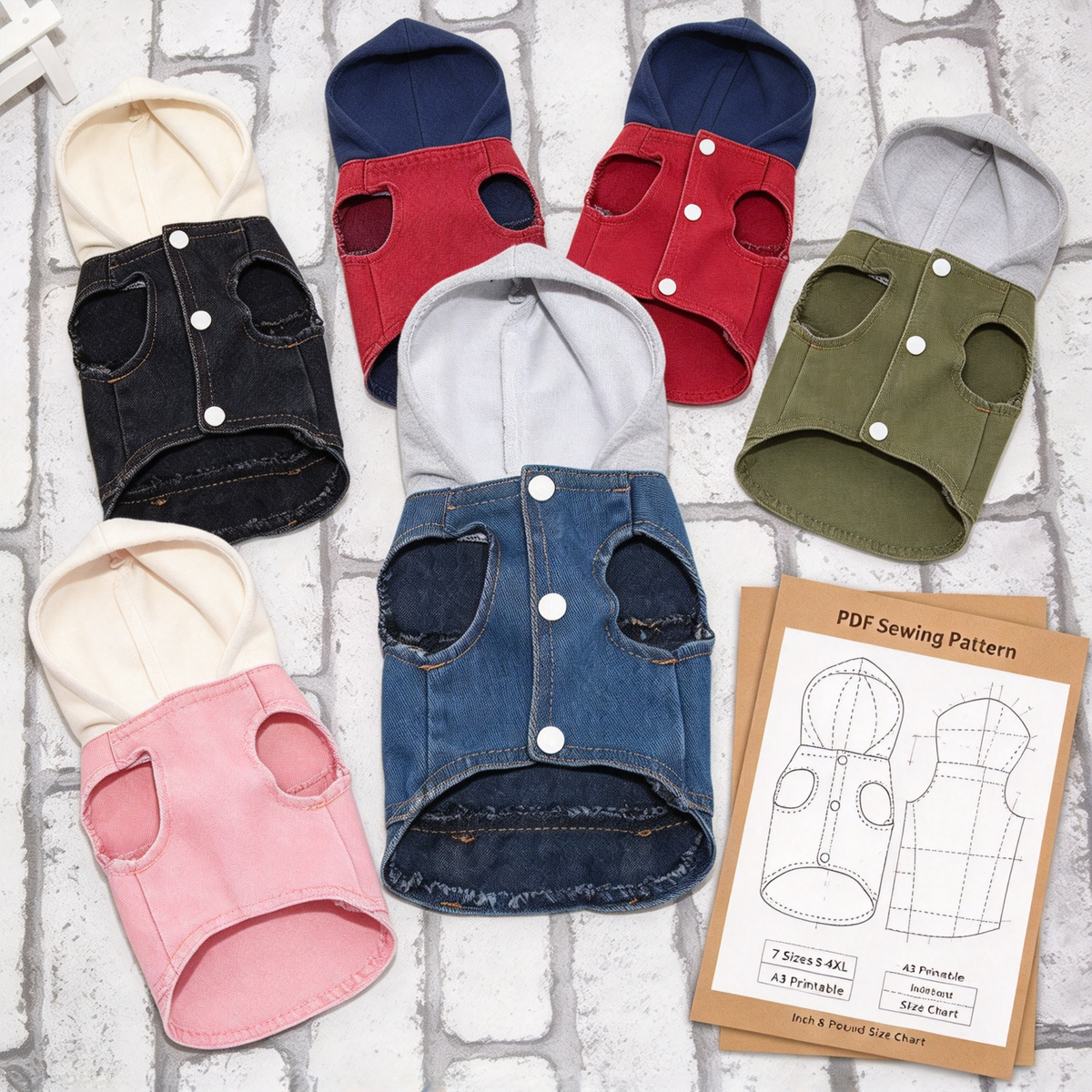Printable PDF Sewing Pattern for Hooded Denim Pet Vest, 7 Sizes S to 4XL, A3 Paper Printing, Full Step-by-Step Sewing Tutorial Included