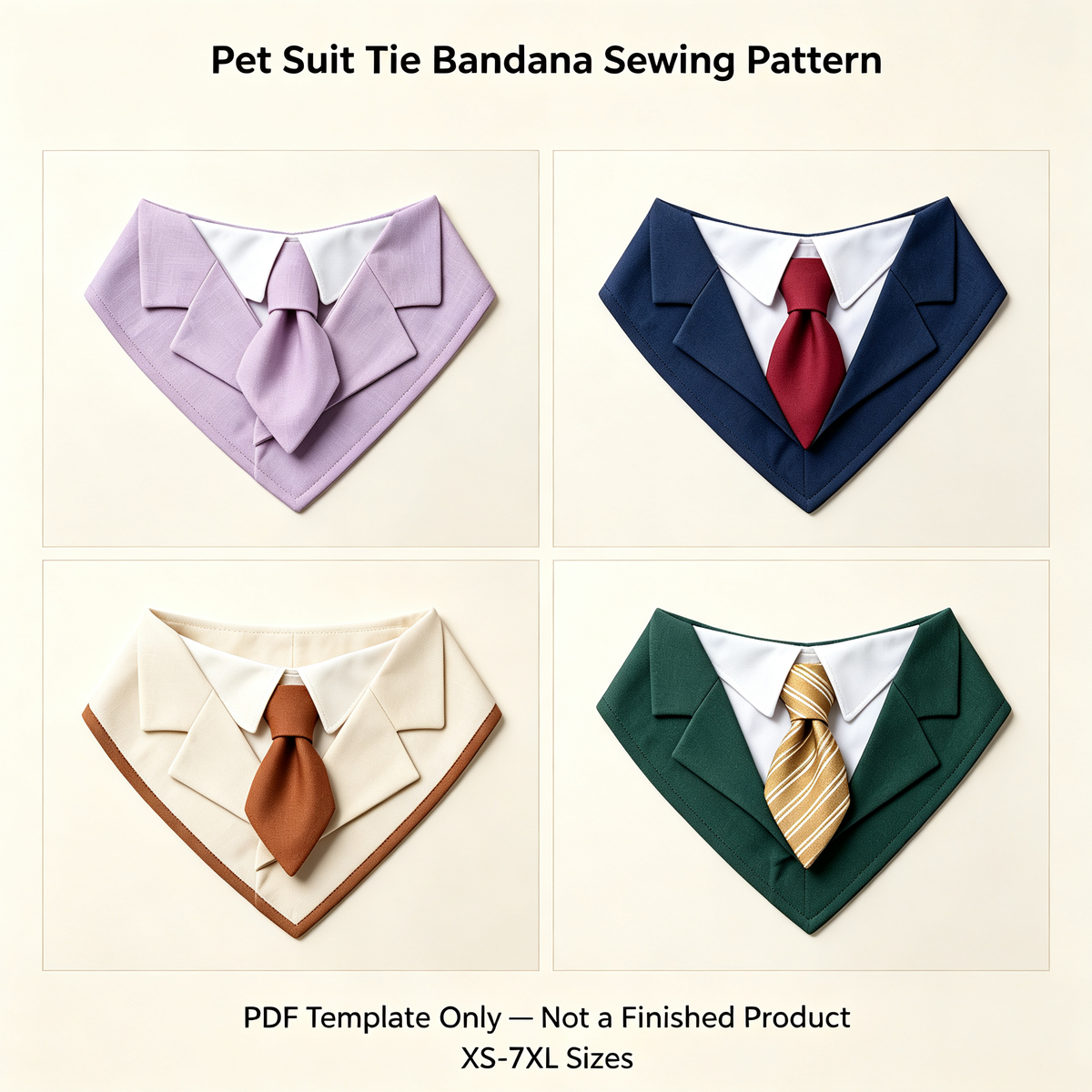 Pet Suit Tie Bandana Sewing Pattern, Gentle Dog & Cat Collar Bib PDF Sewing Template, XS-7XL Multi Sizes Digital Sewing Pattern