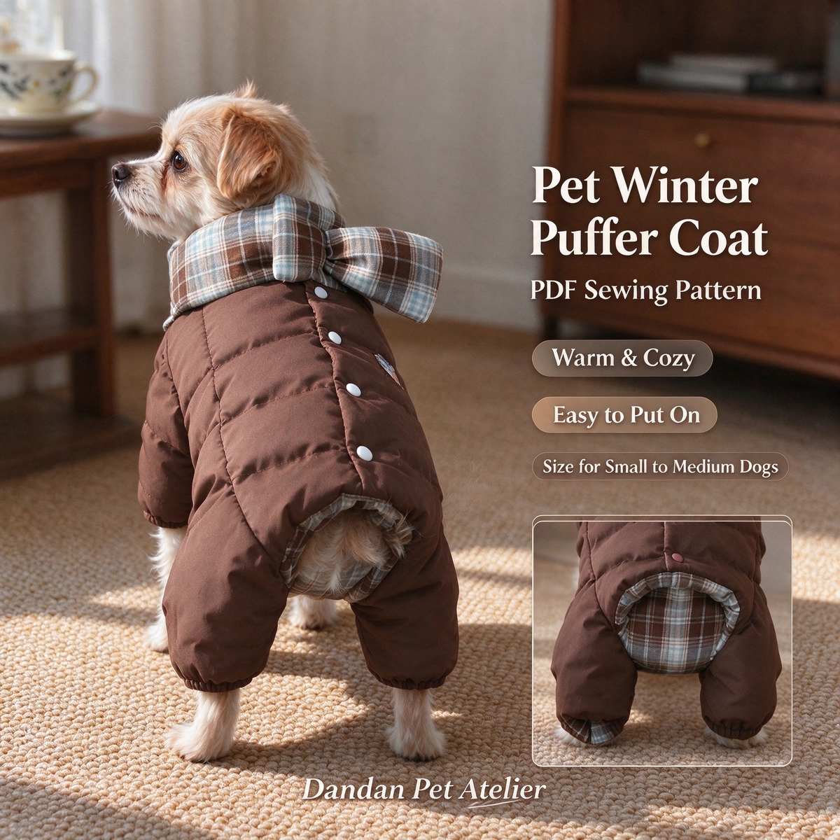 Pet Winter Puffer Coat Sewing Pattern With Tutorial | A4 Printable PDF & PLT Files, 13 Sizes XS-9XL, Dog Saliva Bib Included, Instant Download