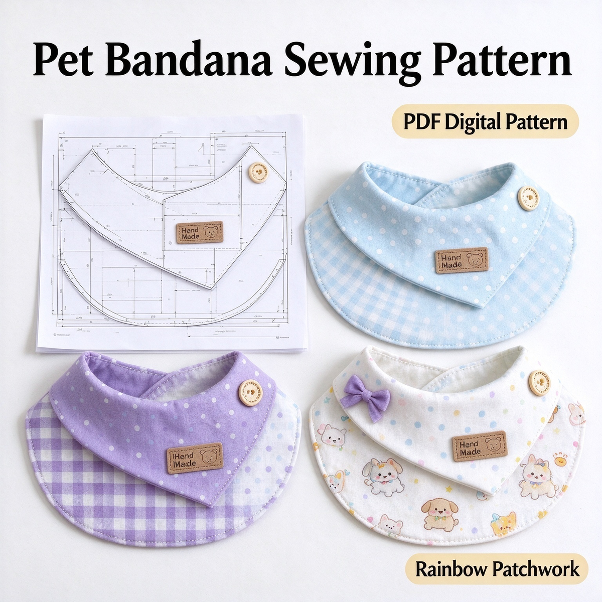 Asymmetrical Collar Pet Bib Sewing Pattern PDF | A4 Printable | 10 Sizes (XXS-5XL) | Beginner-Friendly Sewing Tutorial