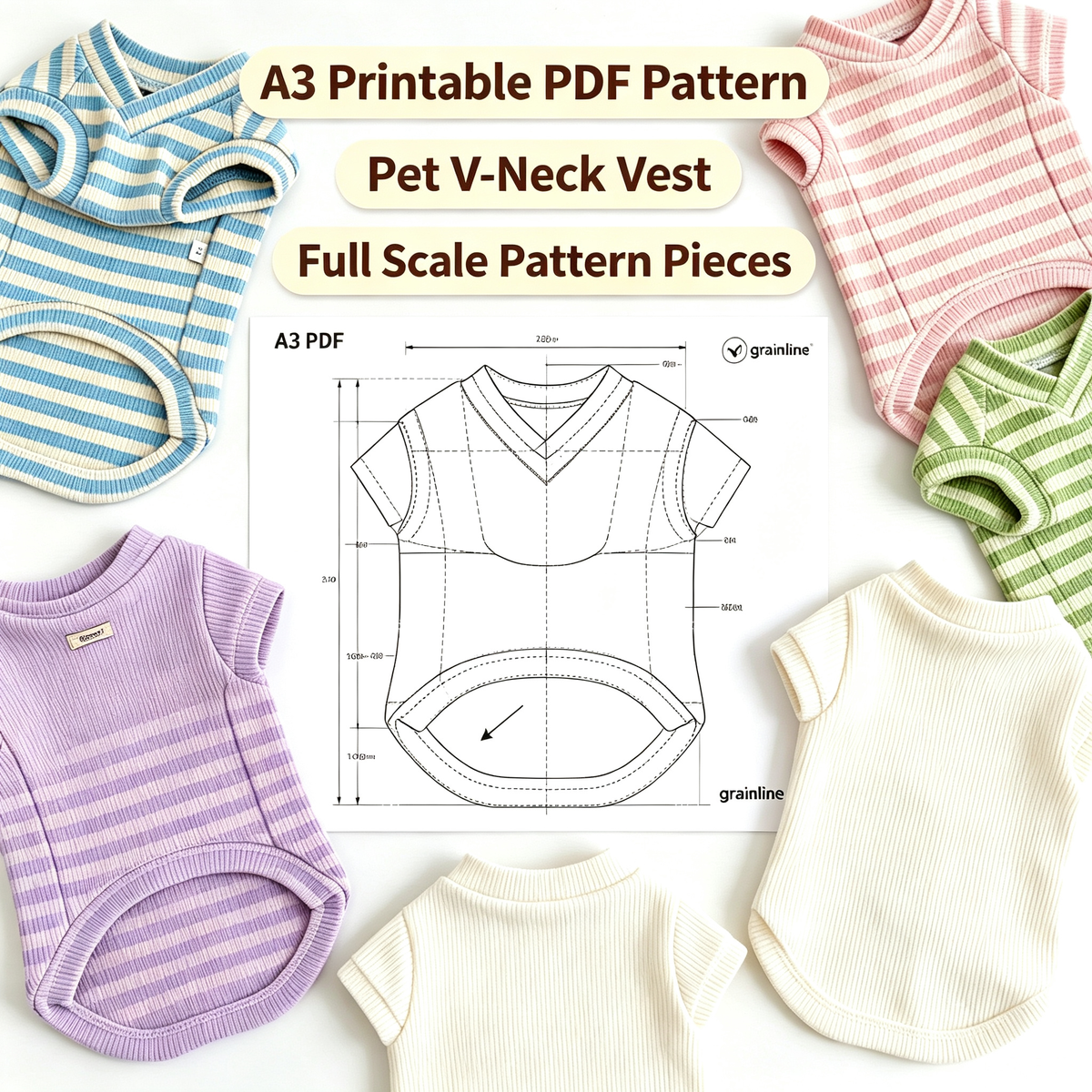Pet V-Neck Vest Sewing Pattern, A3 Printable PDF with Full Sewing Tutorial, 7 Sizes (S–4XL) for Dogs & Cats