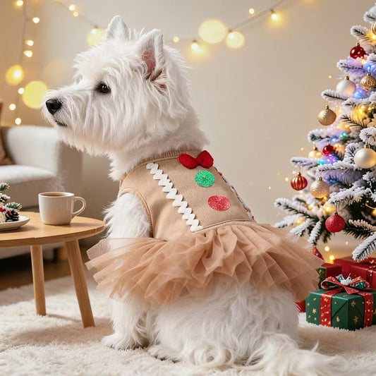 Gingerbread Christmas Dog Tutu Dress | Festive Tulle Outfit for Small Dogs & Cats