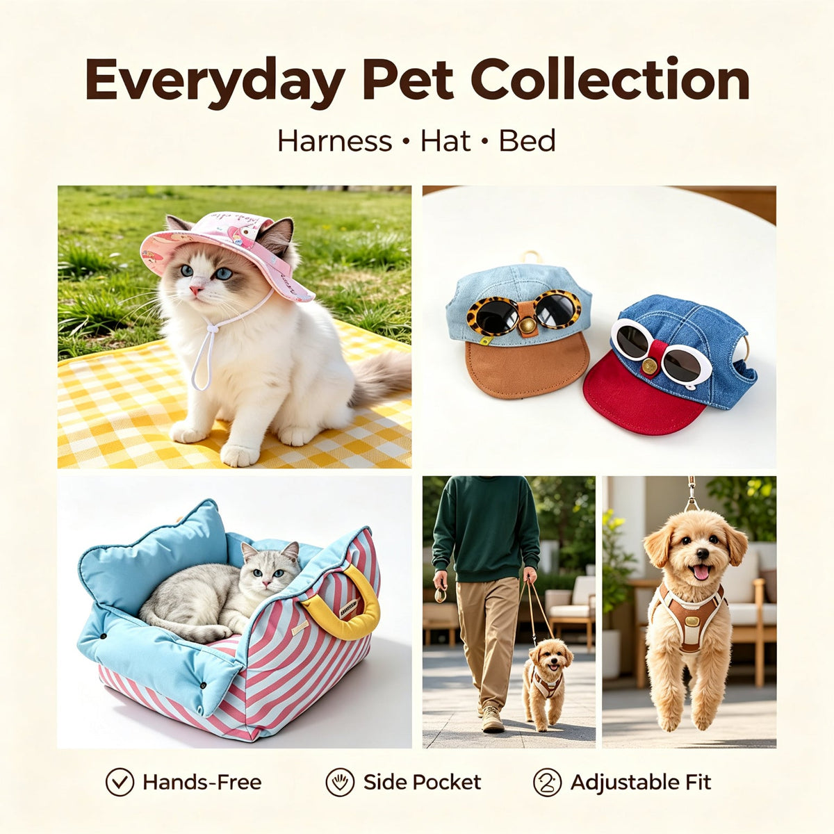 Pet harnesses, pet hats and pet beds
