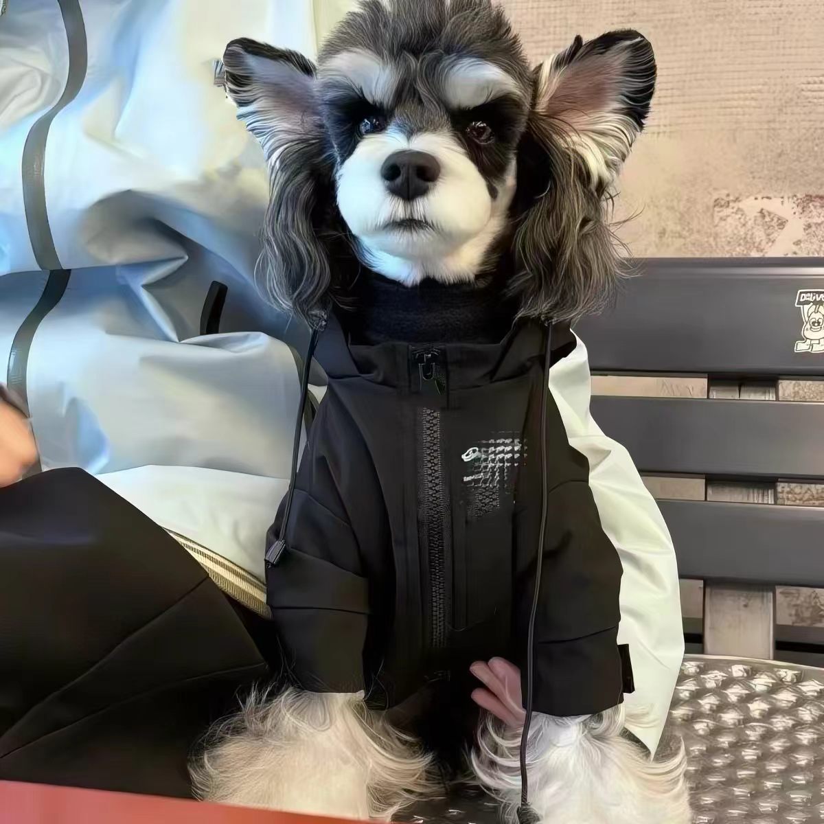 Warm waterproof dog hooded jacket for autumn & winter. Windproof pet outdoor coat with front zipper, available in XS–XXL sizes, measured in inches. Perfect for small dogs like Schnauzer, great for walking & outdoor adventures.