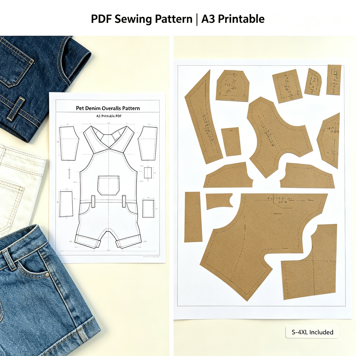 Pet Denim Overalls Sewing Pattern with Video Tutorial | A3 Printable PDF | 7 Sizes S-4XL | Dog Cat Cross-Back Jumpsuit