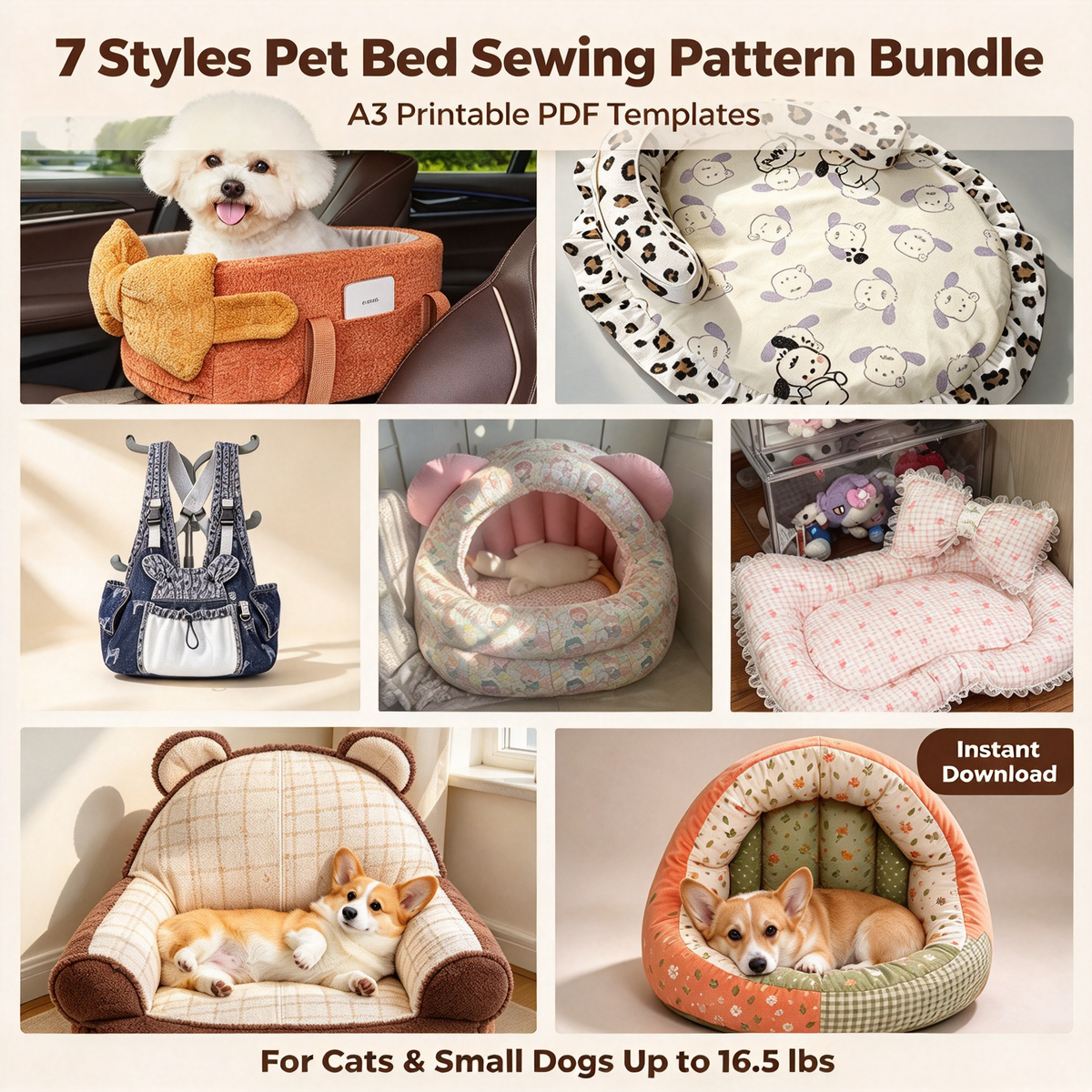 7 Styles Pet Bed Bundle PDF Sewing Patterns | A3 Printable DIY Pet Carrier, Backpack, Sofa & Cave Nest Templates for Small Cats & Dogs Up to 16.5 lbs