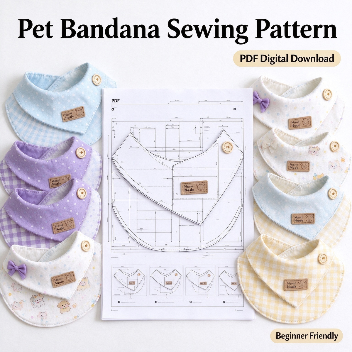 Asymmetrical Collar Pet Bib Sewing Pattern PDF | A4 Printable | 10 Sizes (XXS-5XL) | Beginner-Friendly Sewing Tutorial