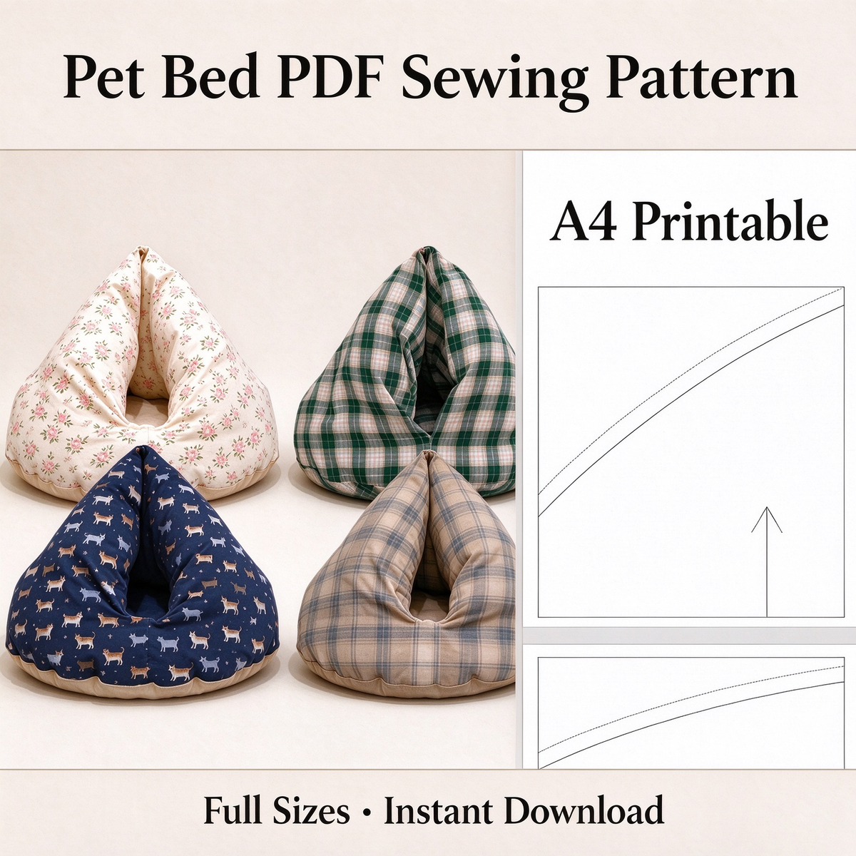 Triangle Cave Pet Bed PDF Sewing Pattern |  A4 Printable,  Instant Download for Cat & Small Dog