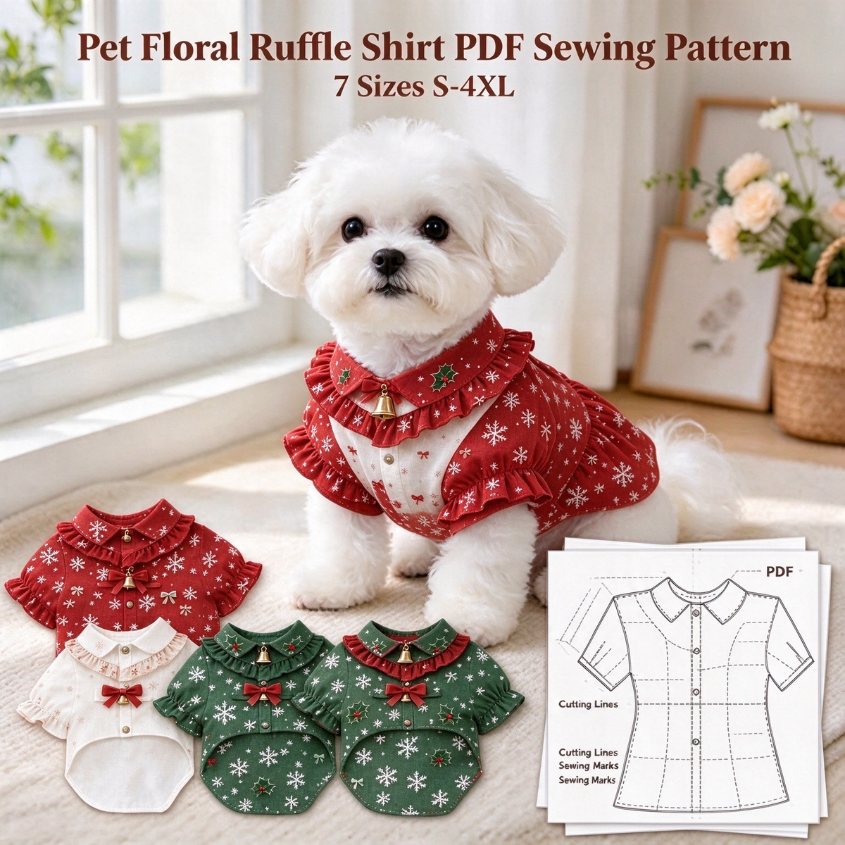 Pet Ruffle Collar Shirt PDF Sewing Pattern, 7 Sizes S–4XL, Inch & Pound Size Chart, A3 Printable, Step-by-Step Sewing Tutorial, Dog Cat Clothes Sewing Pattern