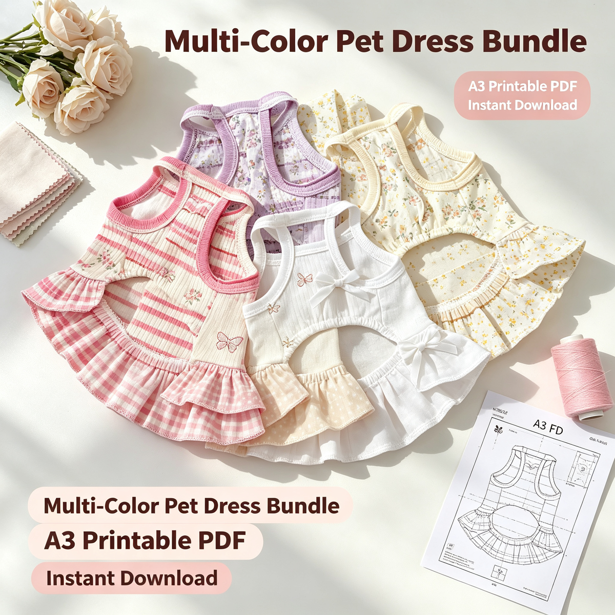 Pet Halter Dress Sewing Pattern with Step-by-Step Tutorial | A3 Printable PDF | Sizes S-4XL | Dog Cat Summer Ruffle Dress | Instant Download