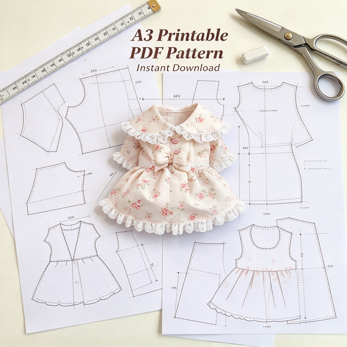 Pet Doll Collar Dress Sewing Pattern with Step-by-Step Tutorial | A3 Printable PDF | Sizes S-4XL | Dog Cat Floral Lace Outfit