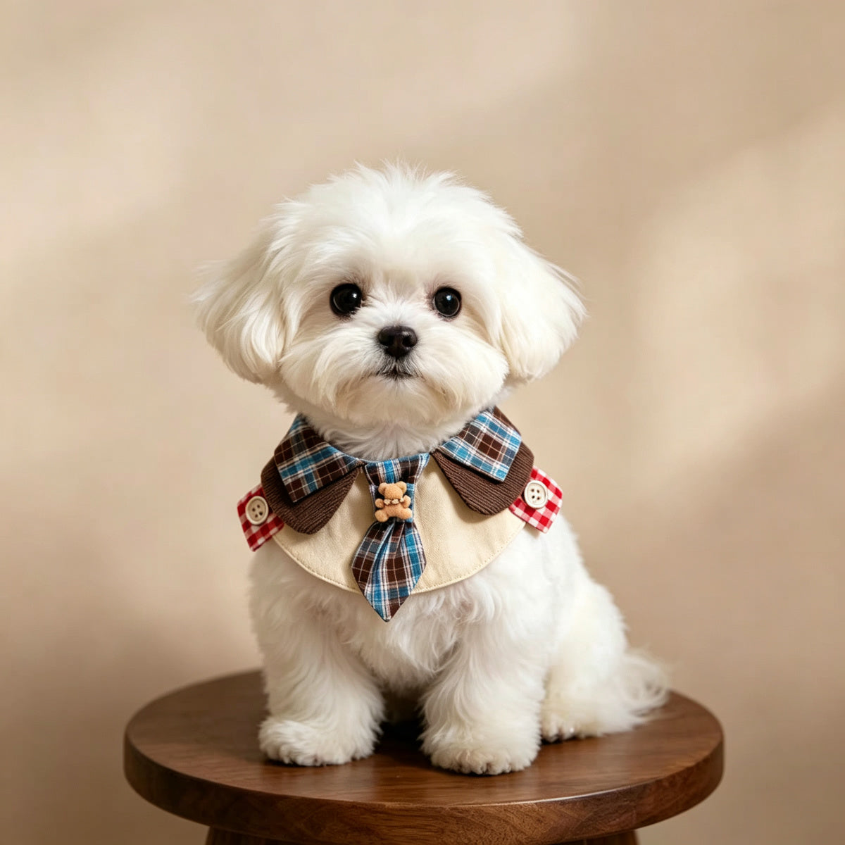 Retro Bear Plush Pet Bib with Plaid Bow Tie & Lace Doll Collar – Adjustable Drool Bib Neck Scarf for Small Medium Dogs, Puppies & Kittens