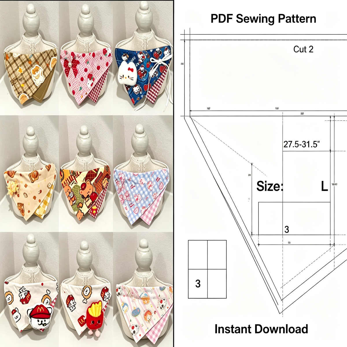 Cartoon Star & Bear Pet Bandana Sewing Pattern PDF | Dog & Cat Bandana Template | 9 Sizes XXS to XXXXL | All Breeds | Printable Instant Download