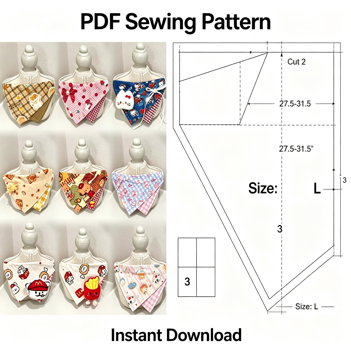 Cartoon Star & Bear Pet Bandana Sewing Pattern PDF | Dog & Cat Bandana Template | 9 Sizes XXS to XXXXL | All Breeds | Printable Instant Download