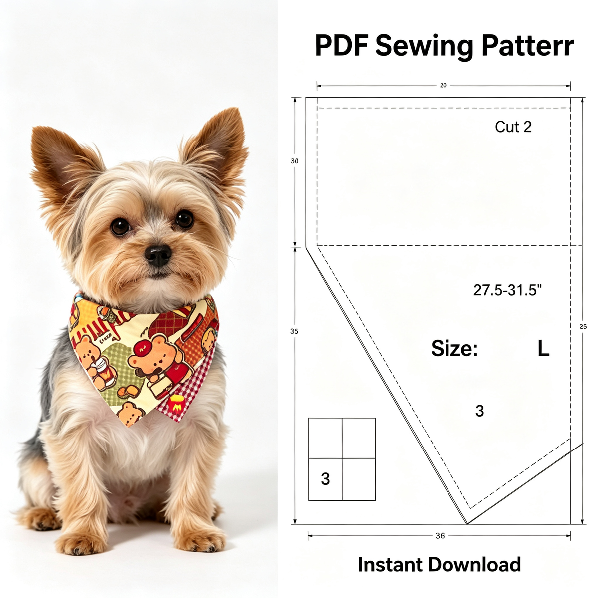 Cartoon Star & Bear Pet Bandana Sewing Pattern PDF | Dog & Cat Bandana Template | 9 Sizes XXS to XXXXL | All Breeds | Printable Instant Download