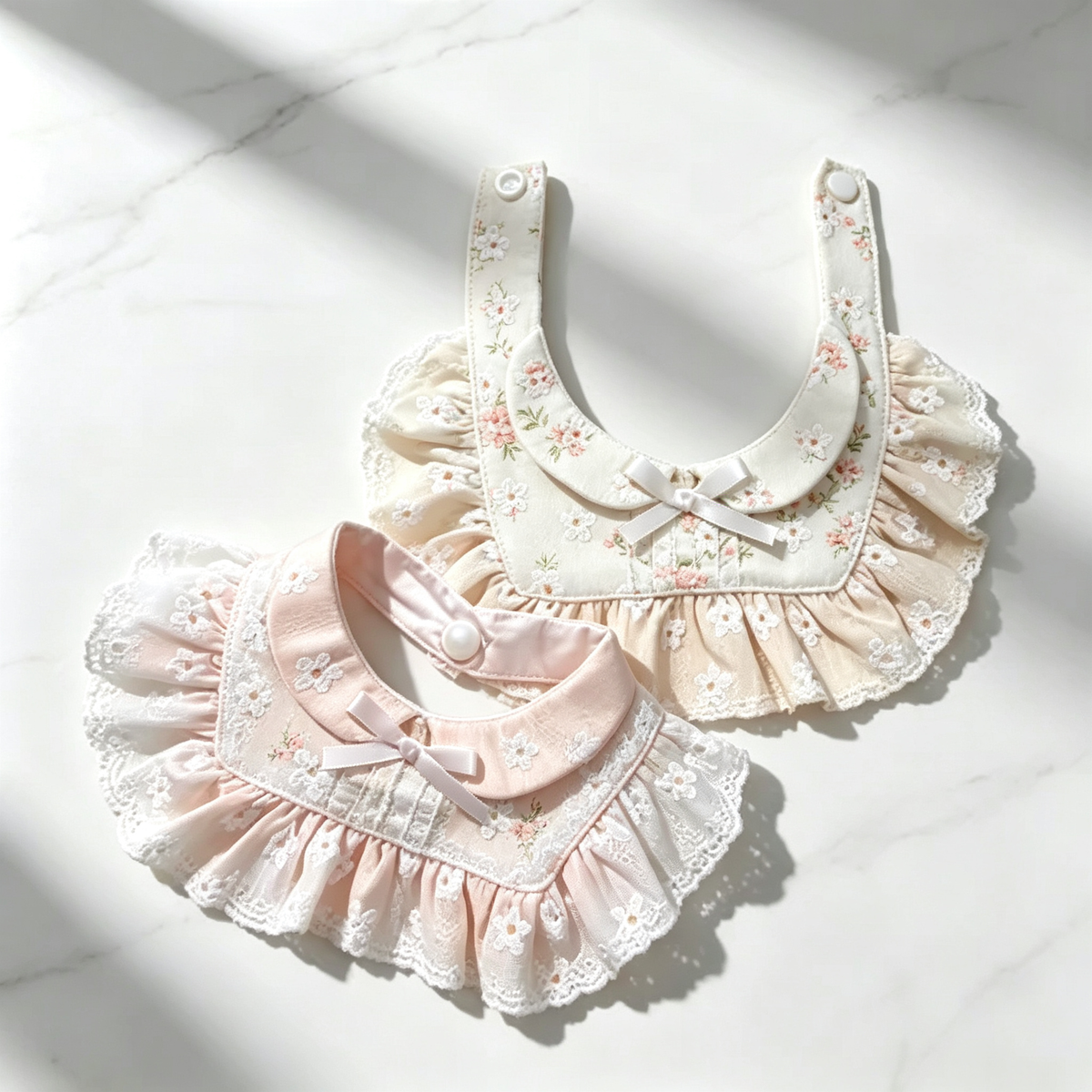 Pet Bandana Sewing Pattern – Cream Floral Ruffle Bib | Satin Bow & Snap Closure | 5 Sizes S–XXL | PDF Digital Download
