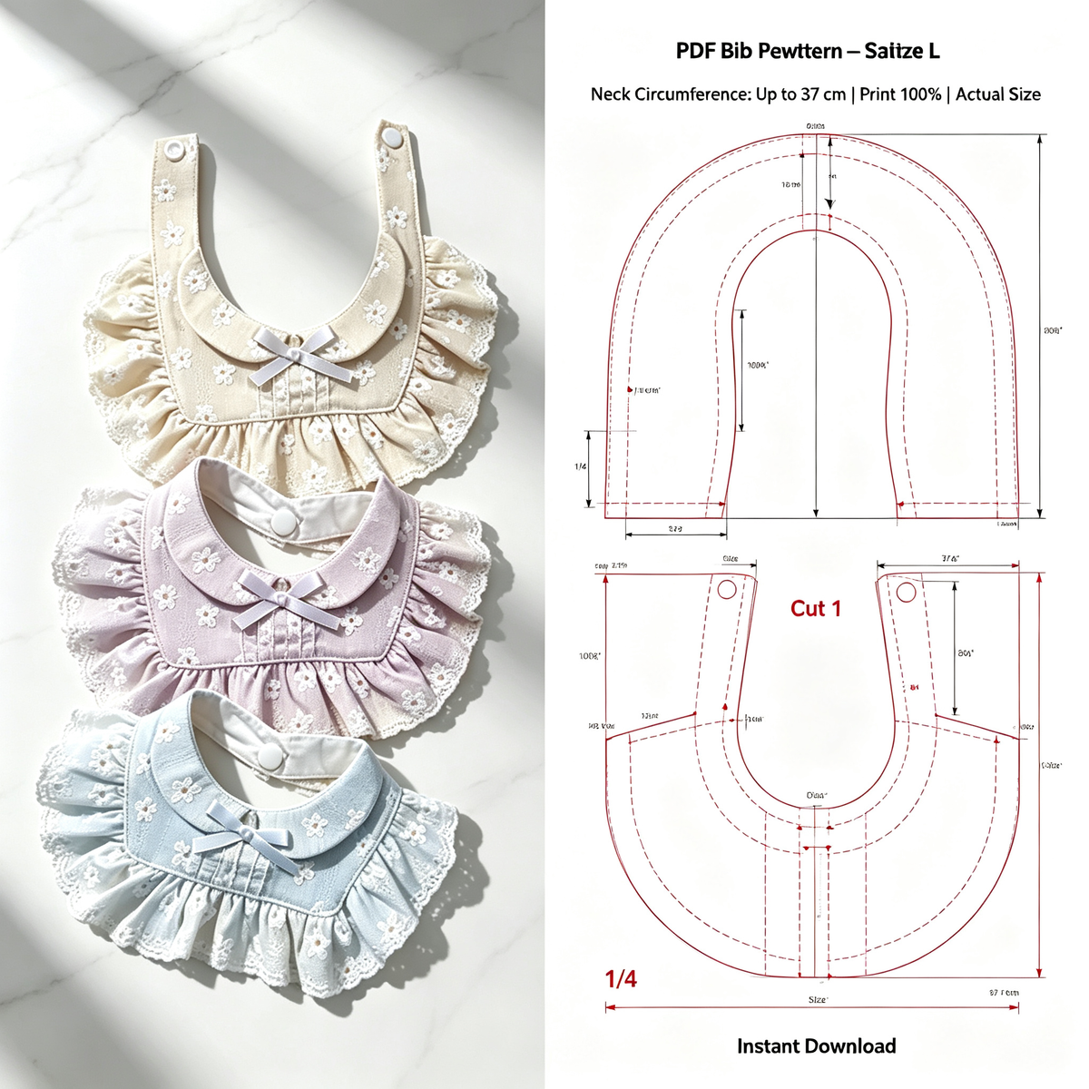 Pet Bandana Sewing Pattern – Cream Floral Ruffle Bib | Satin Bow & Snap Closure | 5 Sizes S–XXL | PDF Digital Download