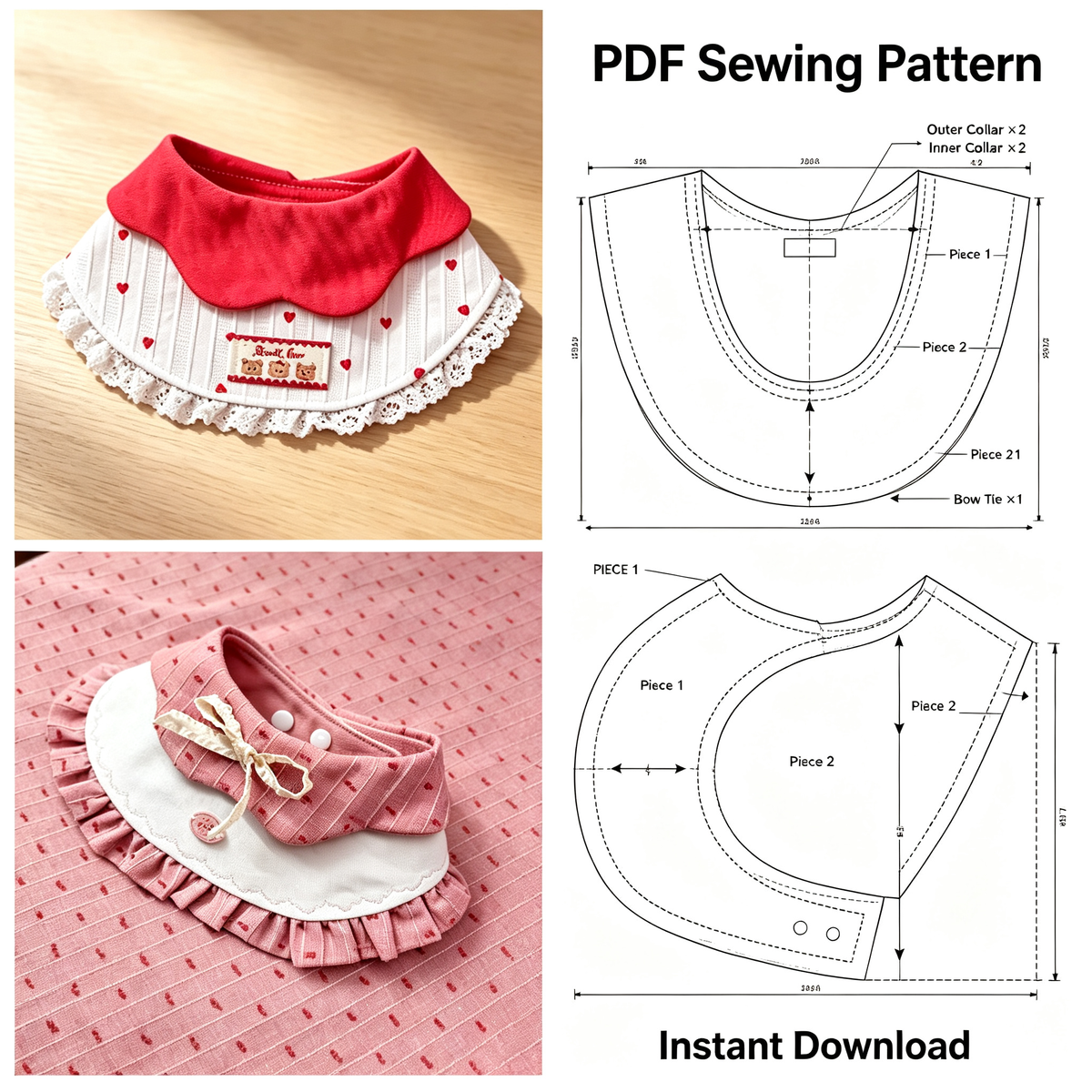 Scalloped Petal Collar Dog Bandana Sewing Pattern PDF | Lace Trim Pet Bib | Sizes S–L | Printable Cat Dog Template