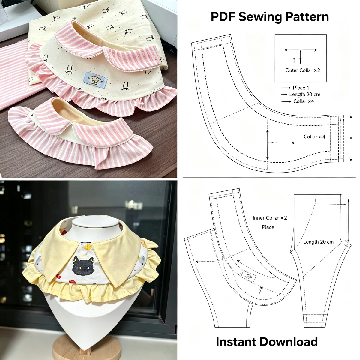 Preppy Ruffle Collar Dog Bandana Sewing Pattern PDF | Tie-Strap Peter Pan Pet Bib | Sizes M–L