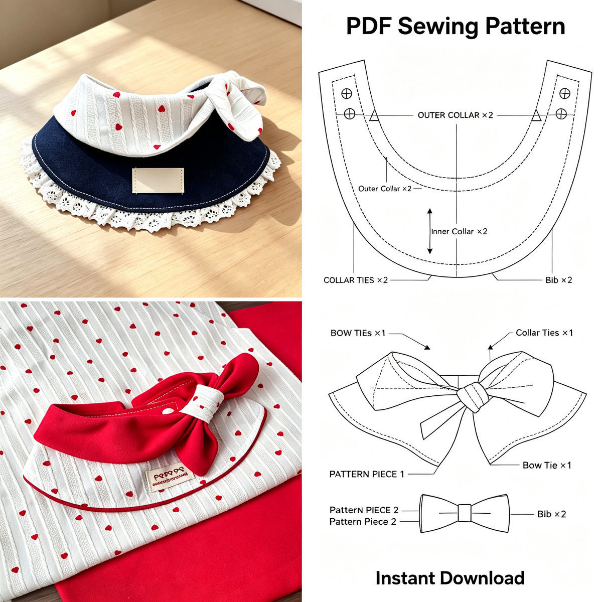 Collar Dog Bandana Sewing Pattern PDF | Tie-Knot Lace Pet Bib | Sizes S–L | Printable Cat Dog Template