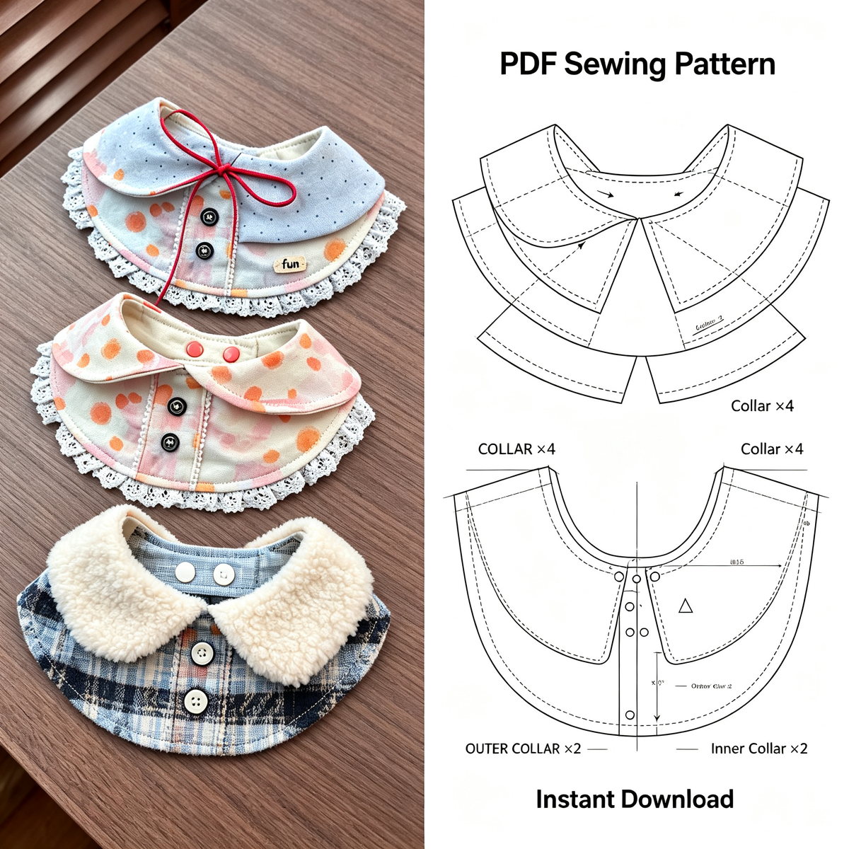Peter Pan Collar Dog Bandana Sewing Pattern PDF | Ruffled Pet Bib Collar | Sizes S–L | Printable Cat Dog Template，Three printable versions