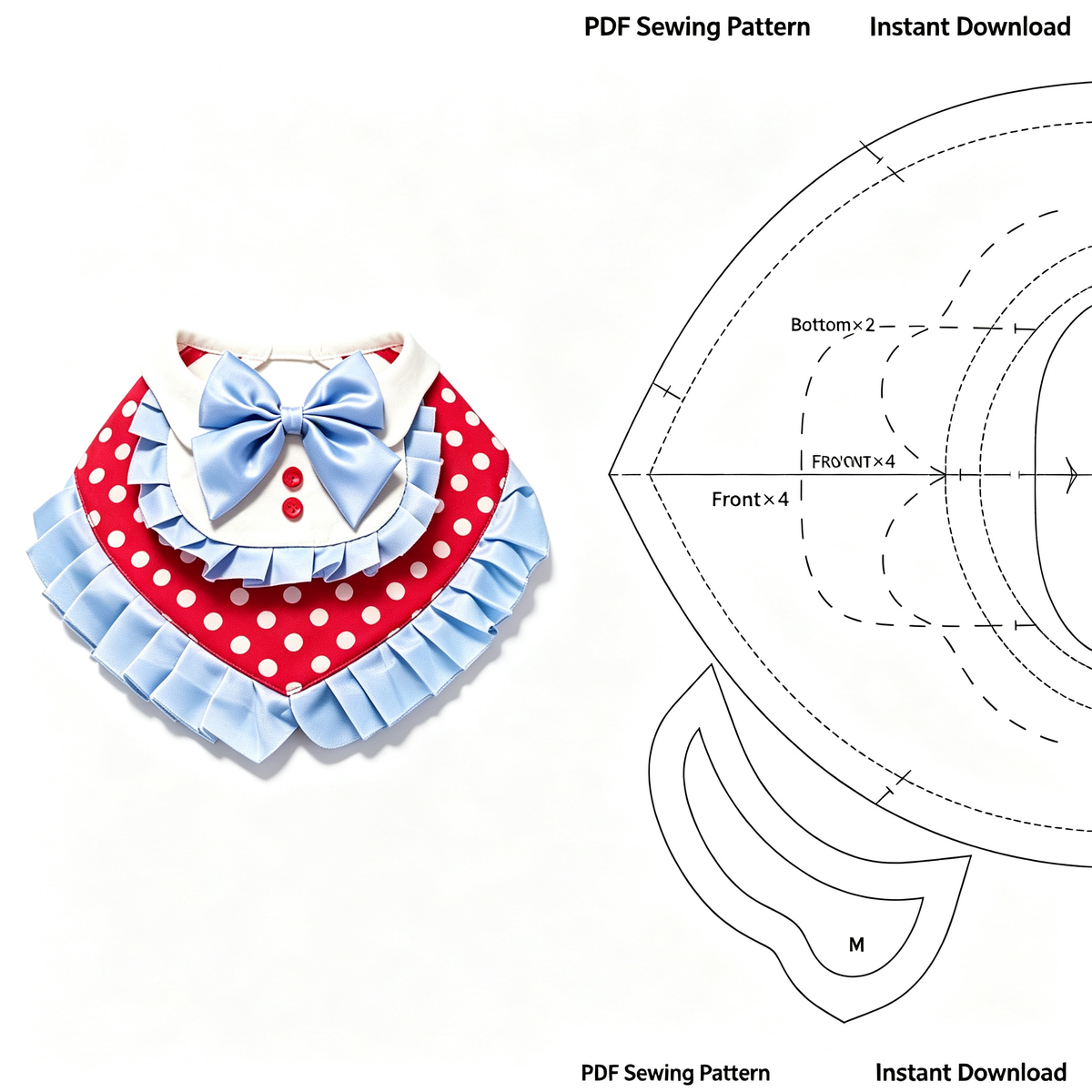 Pet Bib Sewing Pattern with Tutorial & Sewing Guide – Polka Dot Blue Ruffle Party Bandana | White Collar + Bow | 5 Sizes S to 2XL | PDF Digital Download