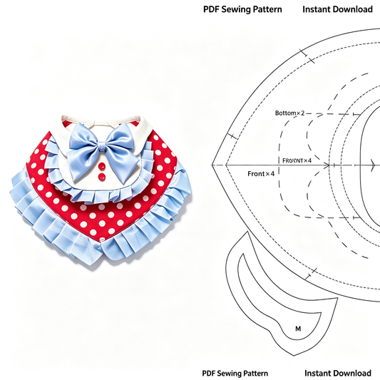 Pet Bib Sewing Pattern with Tutorial & Sewing Guide – Polka Dot Blue Ruffle Party Bandana | White Collar + Bow | 5 Sizes S to 2XL | PDF Digital Download