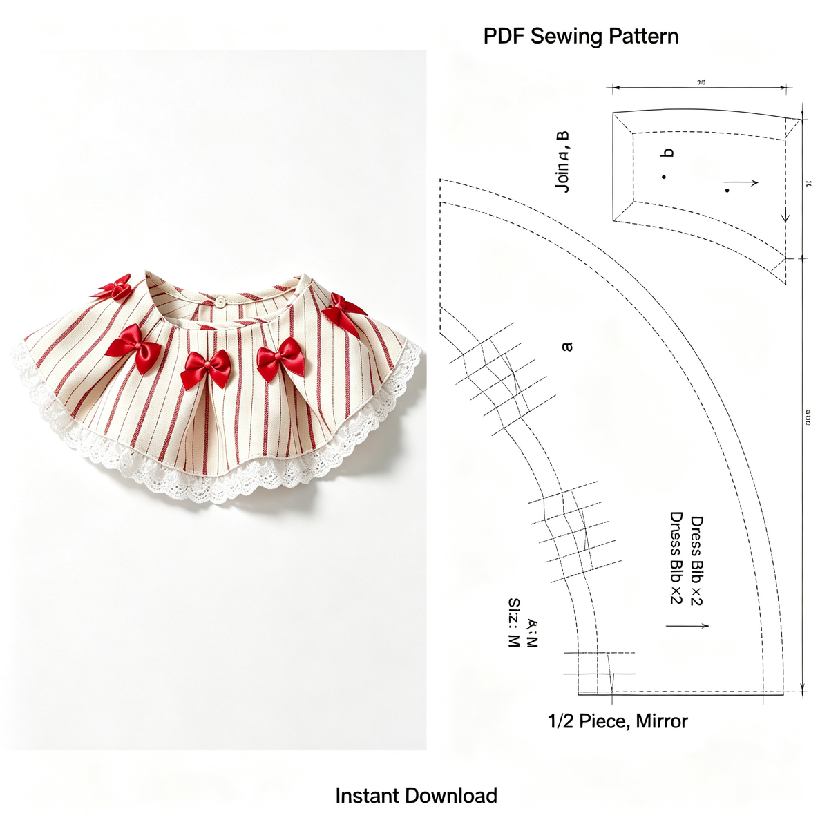Pet Bib Sewing Pattern PDF | Cute Little Dress Bib with Bow & Lace | Sizes XS–XXL | Adjustable Neck | Sewing Template