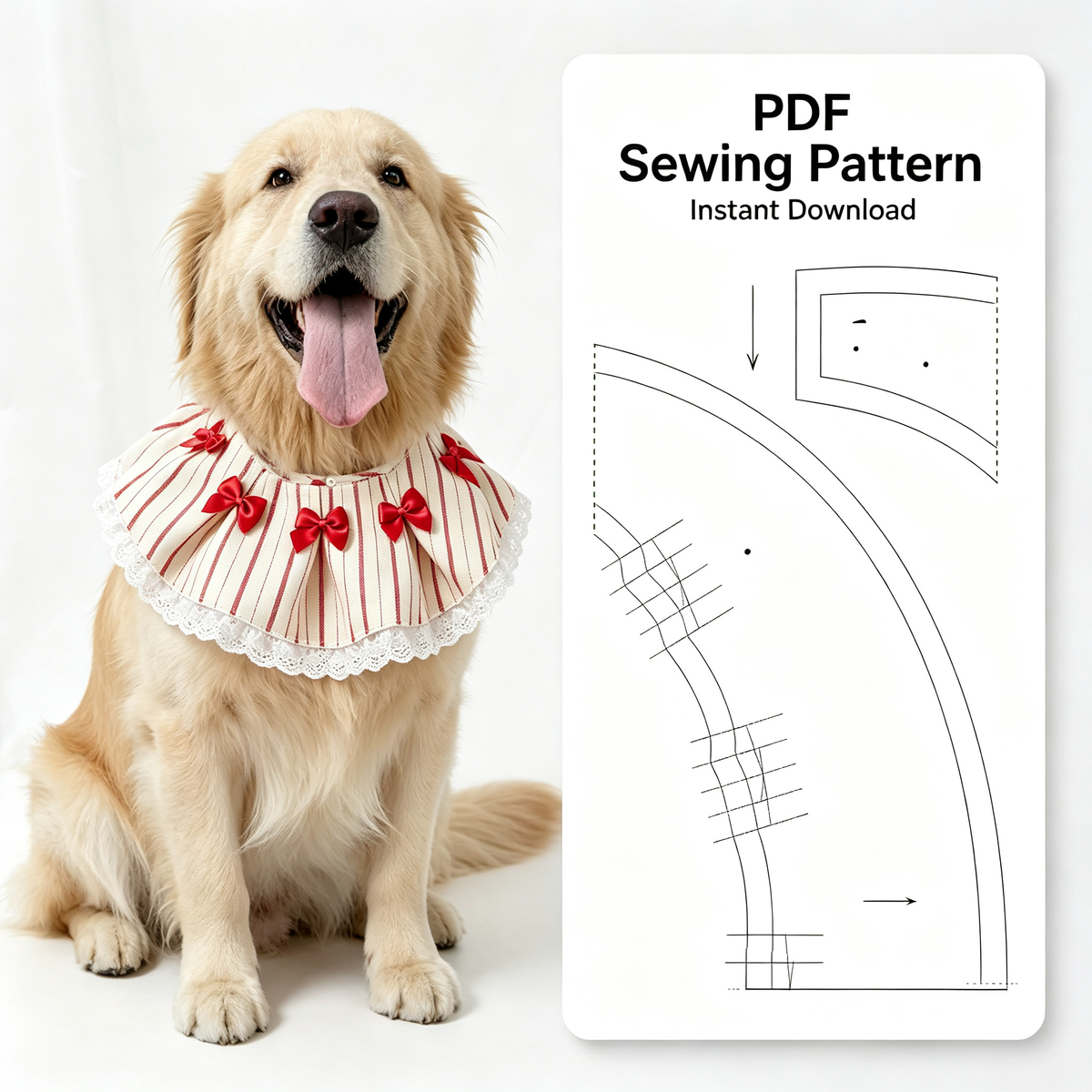 Pet Bib Sewing Pattern PDF | Cute Little Dress Bib with Bow & Lace | Sizes XS–XXL | Adjustable Neck | Sewing Template