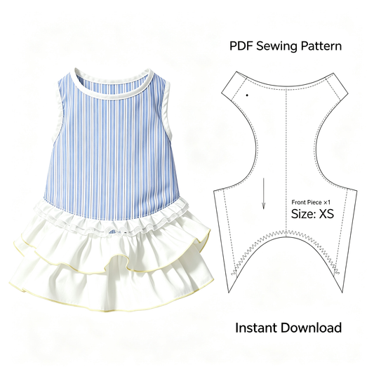 Striped Ruffle Pet Dress Sewing Pattern PDF | Dog Dress with Layered Ruffle Skirt | Sizes XS to 5XL | Fits Chest 12.5"–35.5" | A4 Printable | Printable Instant Download