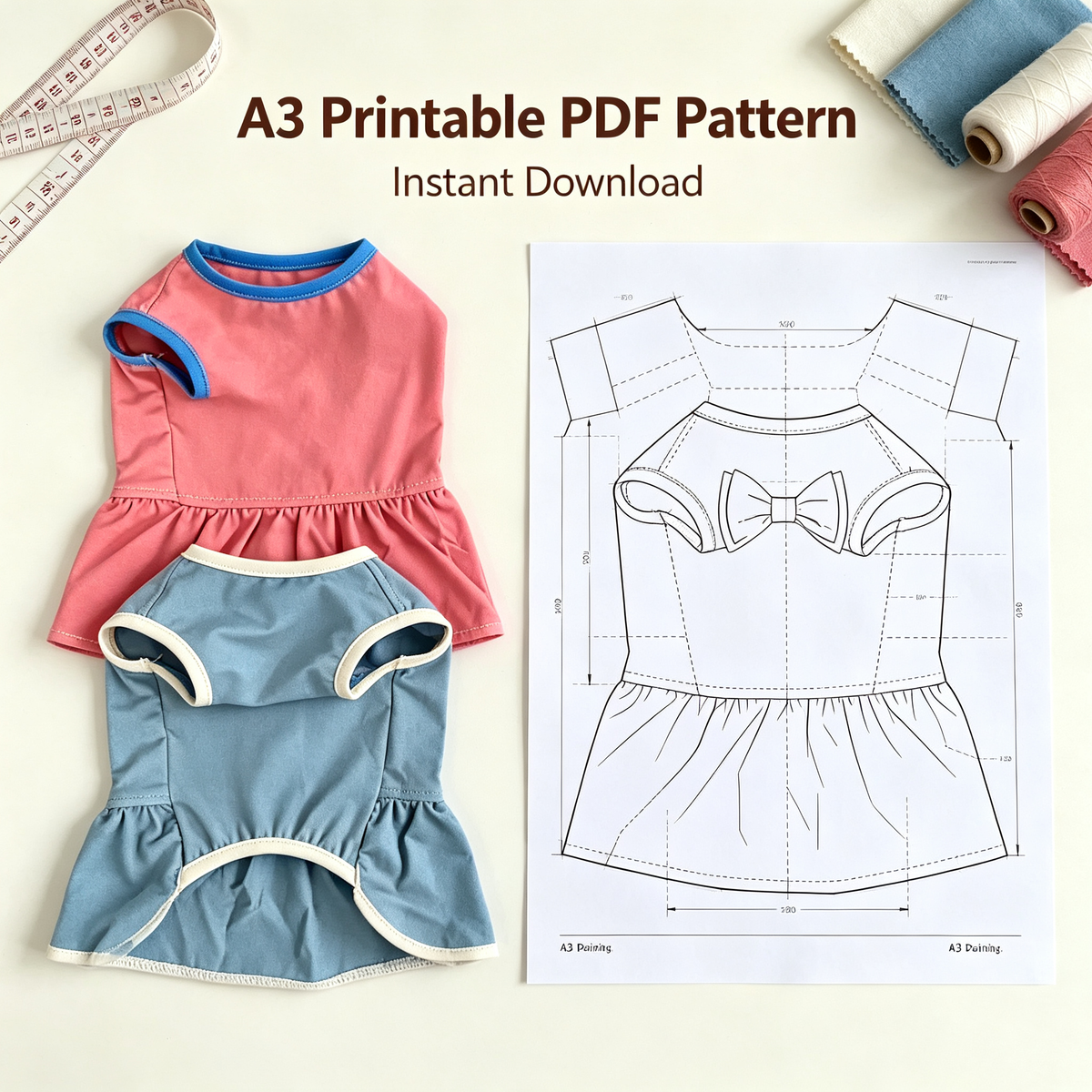 Pet Bow Vest Dress Sewing Pattern with Video Tutorial | A3 Printable PDF | 7 Sizes S-4XL | Girl Dog Cat Sleeveless Ruffle Dress