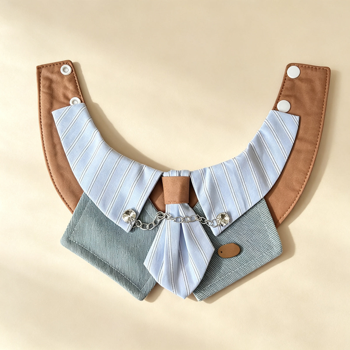 Gentleman Pet Bandana Bib with Bow Tie – Striped Shirt Collar & Denim Drool Bib for Small to Medium Dogs and Cats (XS–XL), Adjustable Neck Wrap, Plush Toy Dress-Up Accessory